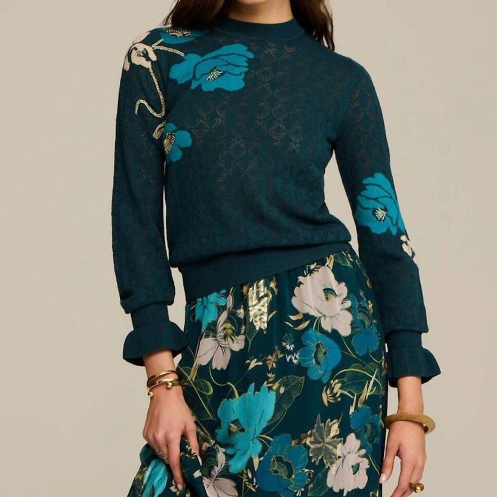 NWT Figue Patricia Sweater in Blooming Floral‎ Peacock Teal Blue Women's size XL